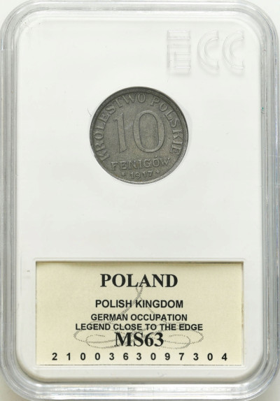 Królestwo Polskie 10 fenigów 1918 NAPIS BLIŻEJ OBRZEŻA GCN