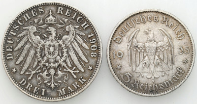 Niemcy. 3 i 5 marek 1908 i 1935, Hamburg, Berlin, SREBRO – 2 szt