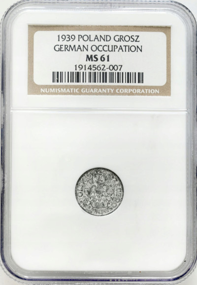 Generalna Gubernia. 1 grosz 1939 cynk NGC MS61