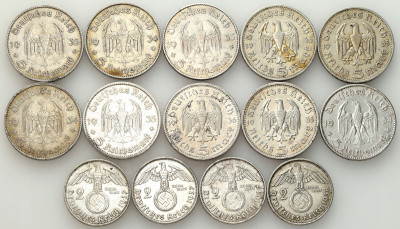 5 marek Hindenburg 10 sztuk + 2 marki Hindenburg - zestaw 14 sztuk - SREBRO