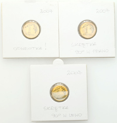III RP. 1 grosz 2007, SKRĘTKA, ODWROTKA – 3 szt