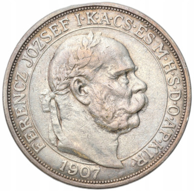 Węgry. Franciszek Józef I. 5 koron 1907 KB, Kremnica – SREBRO
