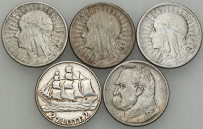 II RP. 2 złote 1932-1936, Głowa Kobiety, Piłsudski, Żaglowiec, SREBRO 5szt