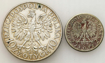 II RP. 2-10 złotych 1932 + 1934 Głowa Kobiety, SREBRO – 2 szt.