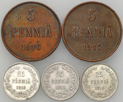 Rosja/Finlandia. 5-25 penia 1915-1916, zestaw 5 sztuk