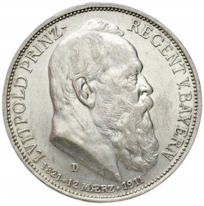 Niemcy, Bawaria. Luitpold. 3 marki 1911 D, Monachium