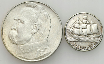 II RP. 2 i 10 złotych 1936 – 1937, Żaglowiec, Piłsudski, SREBRO – 2 szt