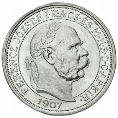 Węgry. Franciszek Józef I. 5 koron 1907 KB, Kremnica – SREBRO