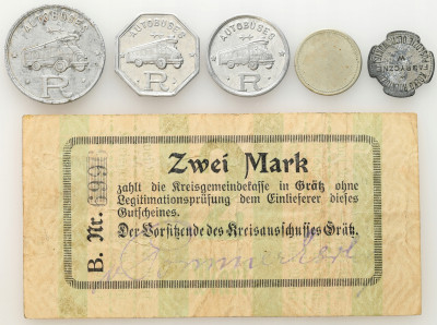 Polska, Hiszpania. Pieniądz zastępczy, żetony, banknot – 6 szt