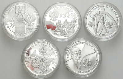 10 złotych zestaw 5 sztuk różne SREBRO