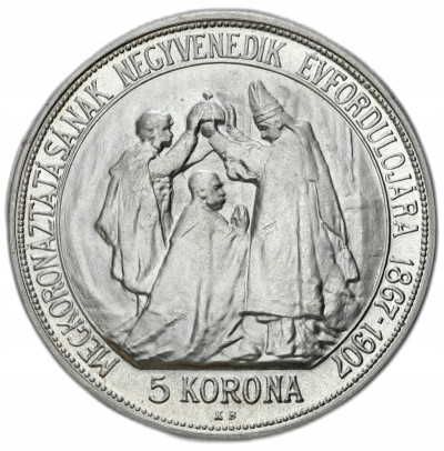 Węgry. Franciszek Józef I. 5 koron 1907 KB, Kremnica – SREBRO