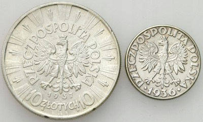 II RP. 2 i 10 złotych 1936 – 1937, Żaglowiec, Piłsudski, SREBRO – 2 szt