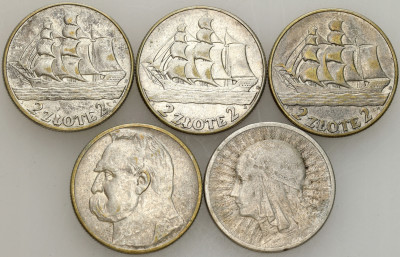 II RP. 2 złote 1932-1936 Głowa Kobiety Piłsudski, Żaglowiec, SREBRO – 5 szt