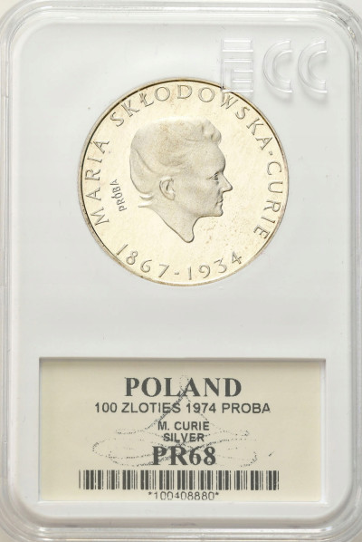 PRÓBA Srebro 100 złotych 1974 Skłodowska