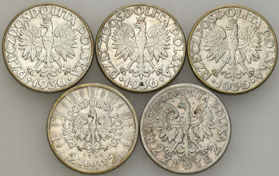 II RP. 2 złote 1932-1936 Głowa Kobiety Piłsudski, Żaglowiec, SREBRO – 5 szt