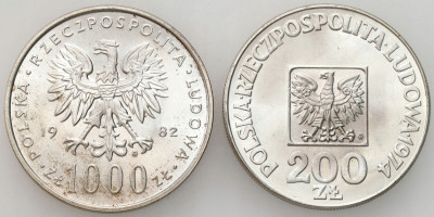 PRL. 200 i 1.000 złotych 1974 i 1982 Mapka, Jan Paweł II, SREBRO – 2 szt