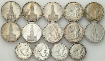 5 marek Hindenburg 10 sztuk + 2 marki Hindenburg - zestaw 14 sztuk - SREBRO