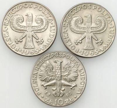 PRL. 10 złotych 1965 Duża kolumna, Nike – 3 szt.