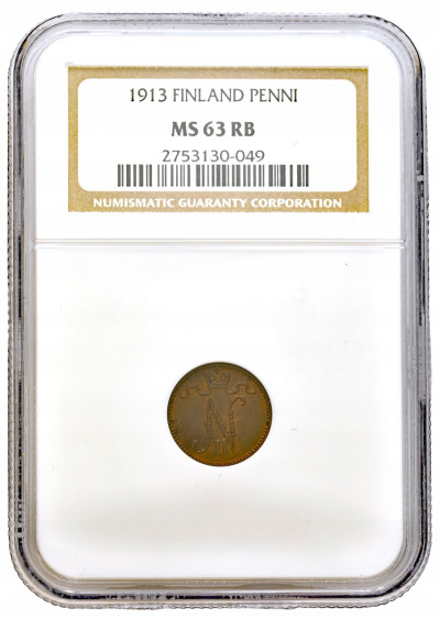 Rosja / Finlandia. Mikołaj II. 1 penni 1913, Helsinki NGC MS63 RB