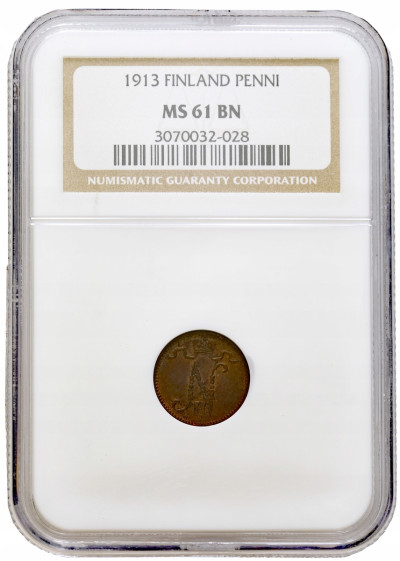 Rosja / Finlandia. Mikołaj II. 1 penni 1913, Helsinki NGC MS61 BN