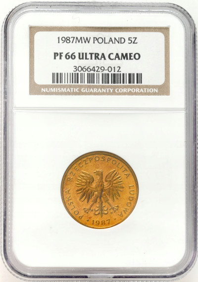 5 złotych 1987 mosiądz - Stempel LUSTRZANY NGC PF66 ULTRA CAMEO