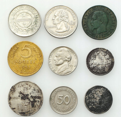 USA, Niemcy, Rosja, Filipiny, Francja, zestaw 9 monet