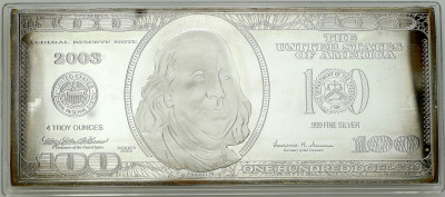 USA. Banknot w formie w formie sztabki 100 dolarów 2004 - 4 UNCJE - SREBRO