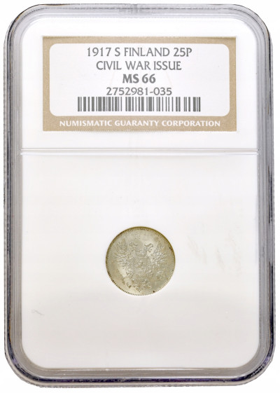 Rosja / Finlandia. Mikołaj II. 25 pennia 1917 S, Helsinki NGC MS66