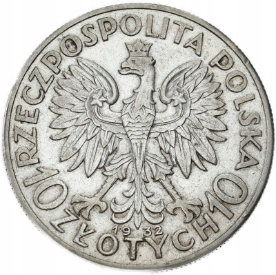 II RP. 10 złotych 1932 głowa kobiety (bez znaku) – SREBRO