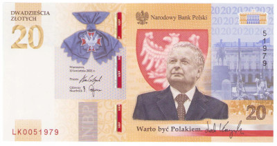 Banknot NBP. 20 złotych 2021 Lech Kaczyński - warto być Polakiem