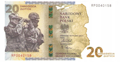 Banknot NBP. 20 złotych 2022 ochrona polskiej granicy wschodniej