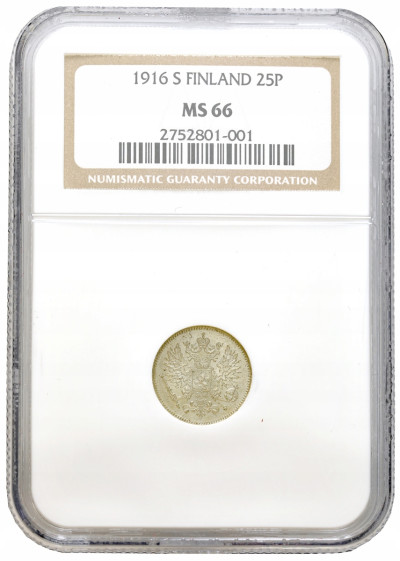 Rosja / Finlandia. Mikołaj II. 25 pennia 1916 S, Helsinki NGC MS66