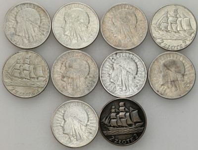 2 złote 1932-1936 Głowa Kobiety, Żaglowiec, SREBRO – 10 szt