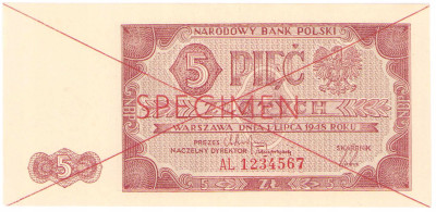 WZÓR / SPECIMEN 5 złotych 1948 seria AL - RZADKOŚĆ R5