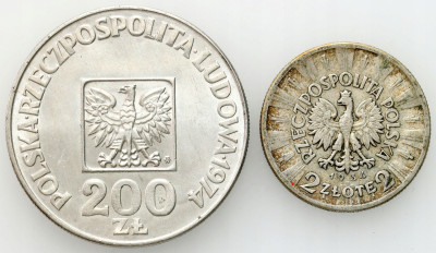 II RP, PRL. 2 złote 1934 Piłsudski i 200 złotych 1974 Mapka, SREBRO – 2 szt