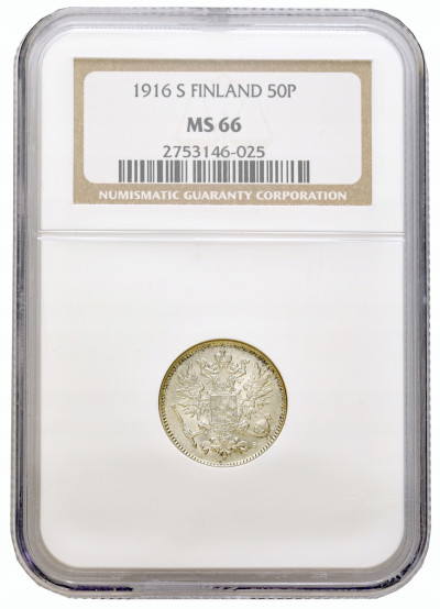 Rosja / Finlandia. Mikołaj II. 50 pennia 1916 S, Helsinki NGC MS66