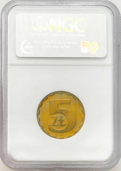 5 złotych 1982 mosiądz - Stempel LUSTRZANY NGC PF66