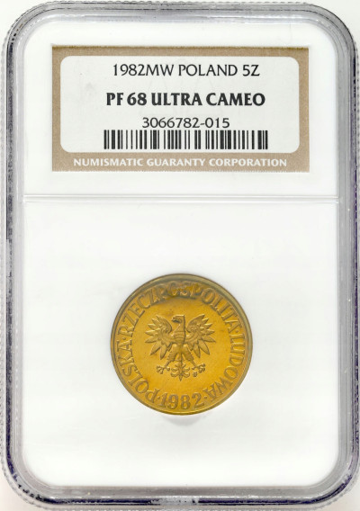 5 złotych 1982 mosiądz - Stempel LUSTRZANY NGC PF68 CAMEO (2 MAX)