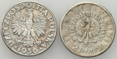 2 złote 1936 żaglowiec + 2 złote 1934 Piłsudski - zestaw 2 sztuk – SREBRO