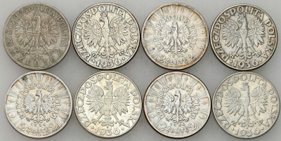 2 złote 1934-1936 Głowa Kobiety, Żaglowiec, SREBRO – 8 szt