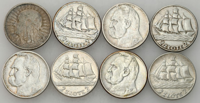 2 złote 1934-1936 Głowa Kobiety, Żaglowiec, SREBRO – 8 szt