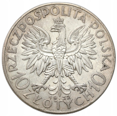 II RP. 10 złotych 1932 głowa kobiety (ze znakiem mennicy)