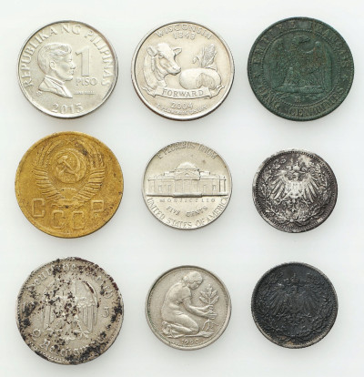 USA, Niemcy, Rosja, Filipiny, Francja, zestaw 9 monet
