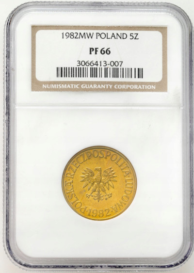 5 złotych 1982 mosiądz - Stempel LUSTRZANY NGC PF66