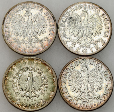 II RP. 2 złote 1933-1936 Głowa Kobiety, Piłsudski, Żaglowiec SREBRO – 4 szt