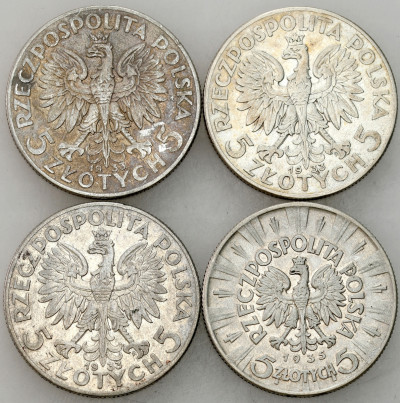5 złotych 1933-1935 Głowa Kobiety, Piłsudski, SREBRO – 4 szt
