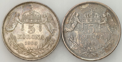 Węgry. Franciszek Józef I. 5 koron 1900 i 1908, SREBRO – 2 szt