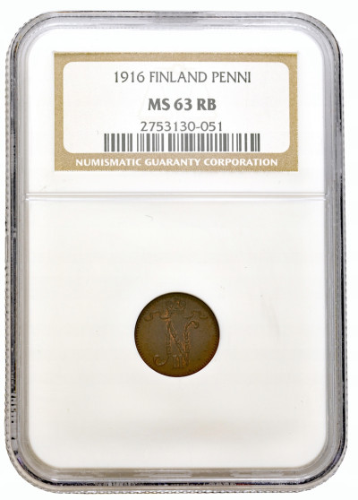 Rosja / Finlandia. Mikołaj II. 1 penni 1916, Helsinki NGC MS63 RB