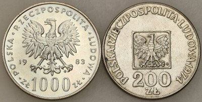 PRL. 200 i 1.000 złotych 1974 i 1983 Mapka, Jan Paweł II, SREBRO – 2 szt