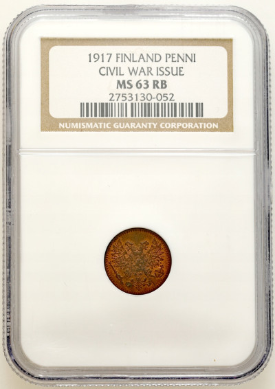 Rosja / Finlandia. Mikołaj II. 1 penni 1917, Helsinki NGC MS63 RB